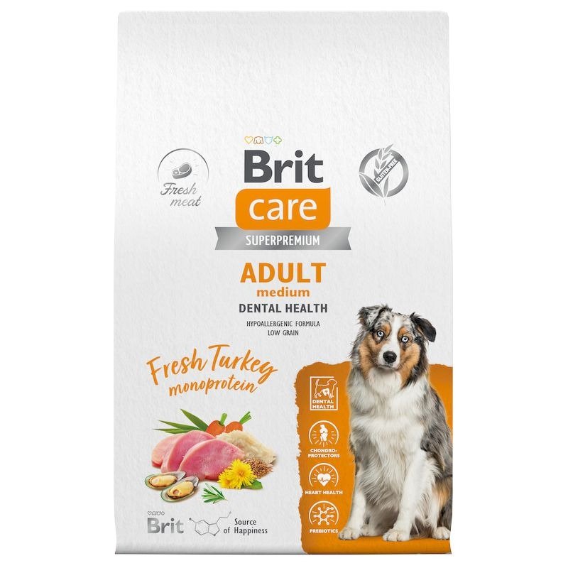 Brit Care Dog Adult M Dental Health сухой корм для взрослых собак средних пород для здоровья полости рта, с индейкой - 12 кг