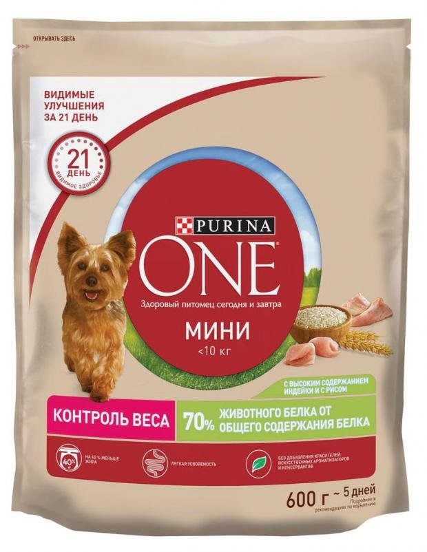 Сухой корм для собак Purina ONE с индейкой и рисом, 600 г