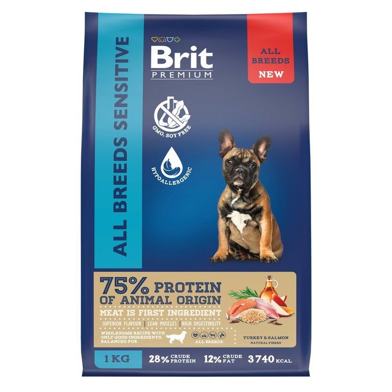 Brit Premium Dog Adult Sensitive сухой корм для взрослых собак всех пород с чувствительным пищеварением, с индейкой и лососем - 1 кг