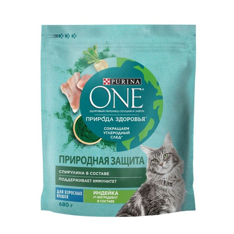 Purina ONE для взрослых кошек, со спирулиной, с высоким содержанием индейки - 680 г