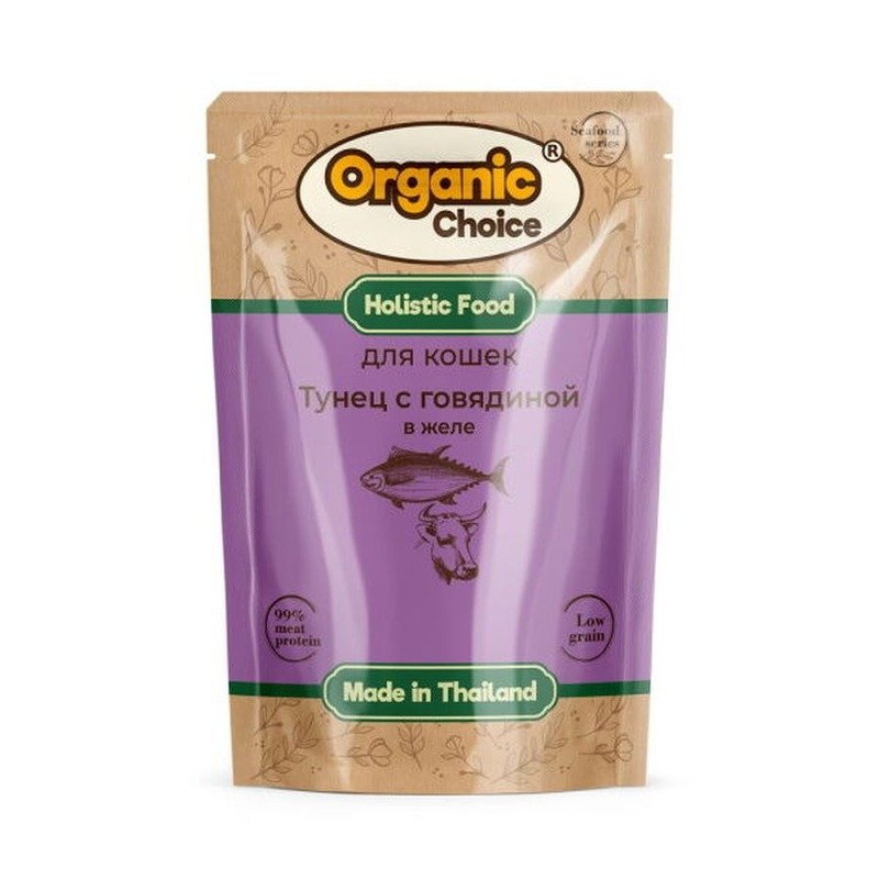 Organic Сhoice Low Grain влажный корм для кошек, с тунцом и говядиной, в желе, в паучах - 70 г