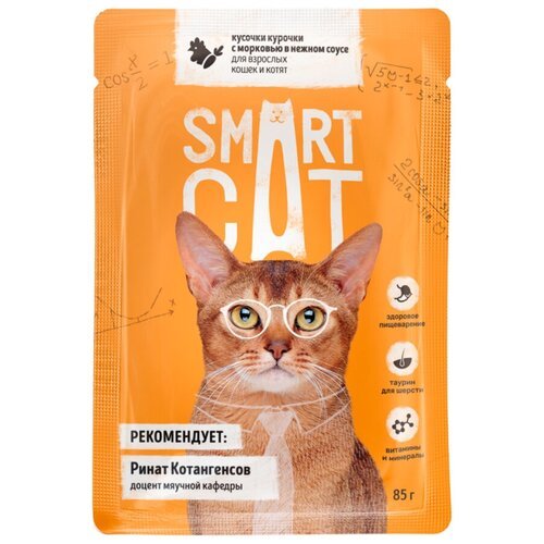 корм для взрослых кошек и котят Smart Cat Кусочки курочки с морковью в нежном соусе 2 шт. х 85 г (кусочки в соусе)