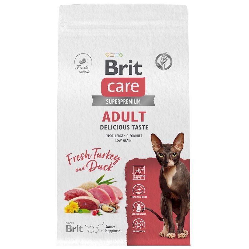 Brit Care Cat Adult Delicious Taste сухой корм для взрослых привередливых кошек, с индейкой и уткой - 1,5 кг