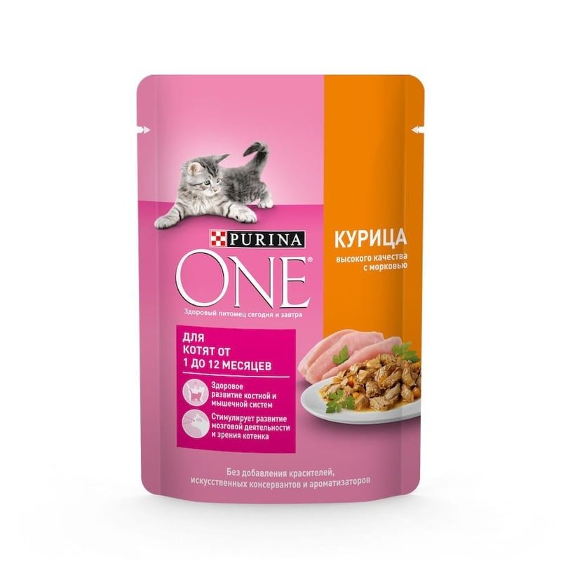 Purina ONE Kitten полнорационный влажный корм для котят, с курицей и морковью, в желе, в паучах - 75 г