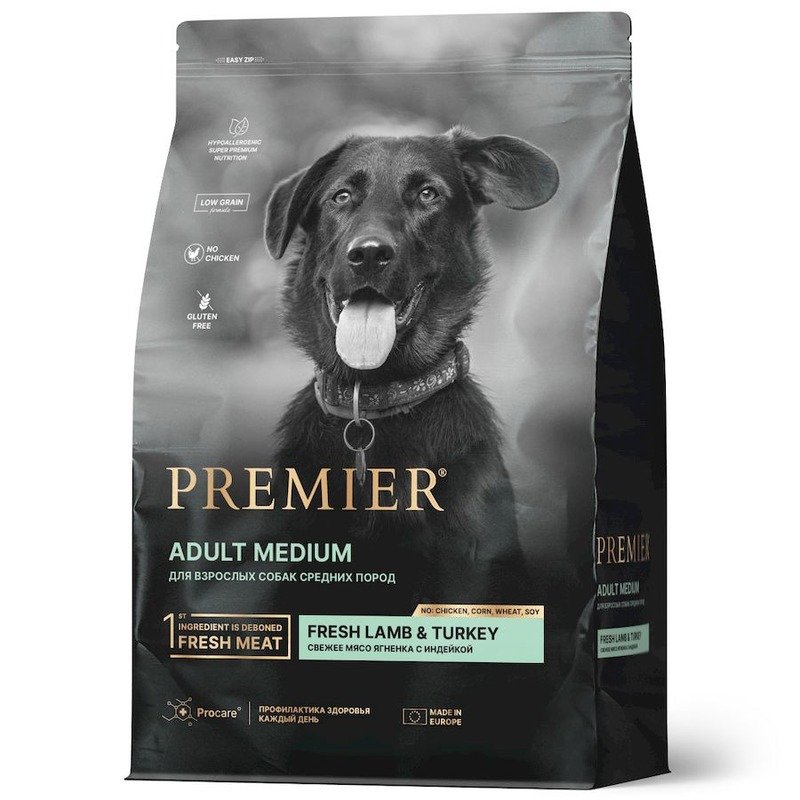 Premier Dog Lamb & Turkey Adult Medium сухой корм для собак средних пород, свежее мясо ягненка с индейкой - 1 кг