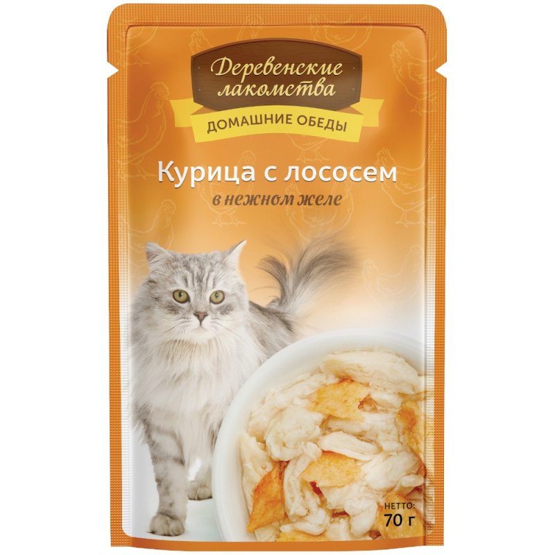 Корм для кошек ДЕРЕВЕНСКИЕ ЛАКОМСТВА Курица с лососем в нежном желе пауч 70г