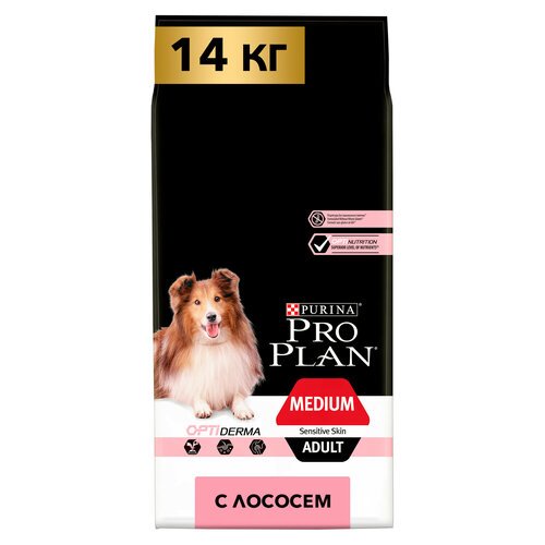 Сухой корм PRO PLAN® для взрослых собак средних пород с чувствительной кожей, с высоким содержанием лосося 14 кг
