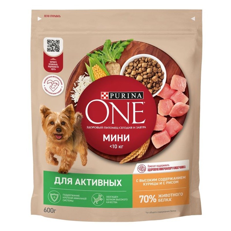 Purina ONE Мини Активная сухой корм для собак мелких и миниатюрных пород, с высоким содержанием курицы и рисом - 600 г