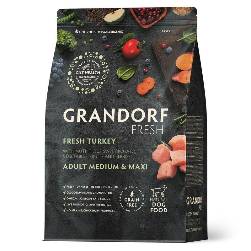 Сухой корм GRANDORF FRESH GRAIN FREE DOG ADULT MEDIUM & MAXI TURKEY & SWEET POTATO беззерновой для взрослых собак средних и крупных пород с индейкой и бататом - 10 кг