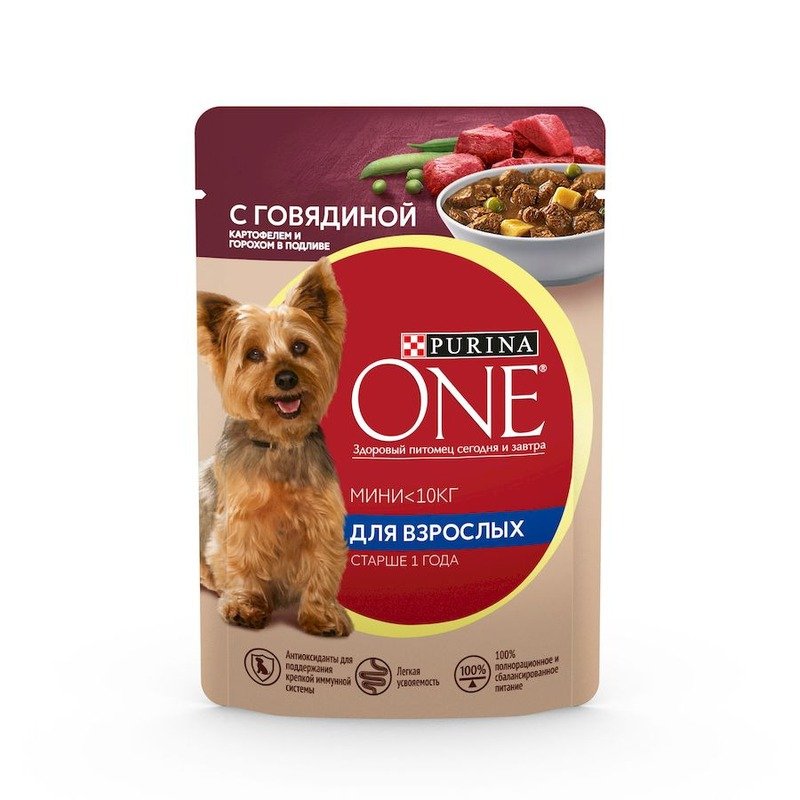 Purina ONE Adult влажный корм для взрослых собак мелких пород старше 1 года, с говядиной, картофелем и горохом, в подливке, в паучах - 85 г