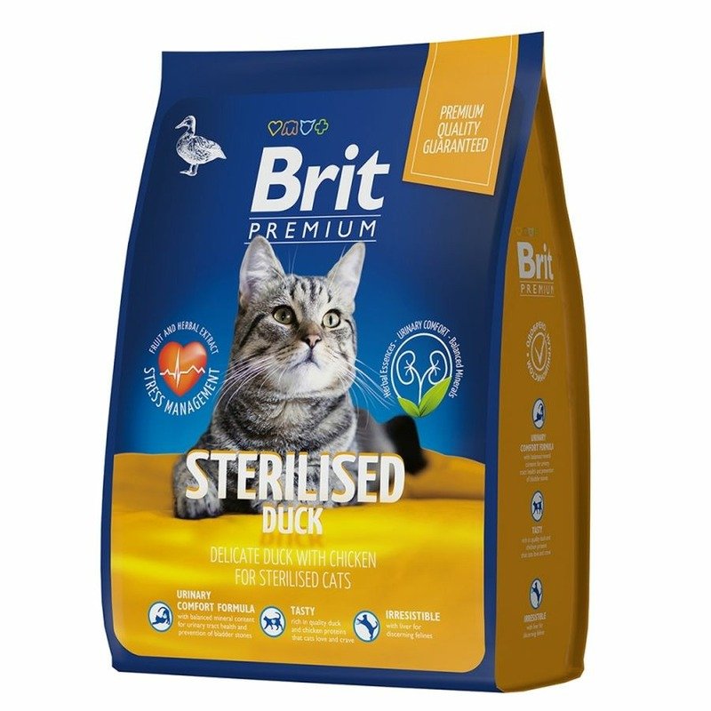 Brit Premium Cat Sterilised сухой корм для взрослых стерилизованных кошек c уткой и курицей - 8 кг