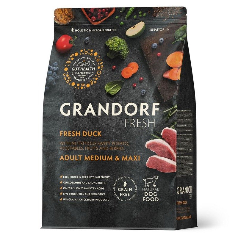 Сухой корм GRANDORF FRESH GRAIN FREE DOG ADULT MEDIUM & MAXI DUCK & SWEET POTATO беззерновой для взрослых собак средних и крупных пород с уткой и бататом - 1 кг