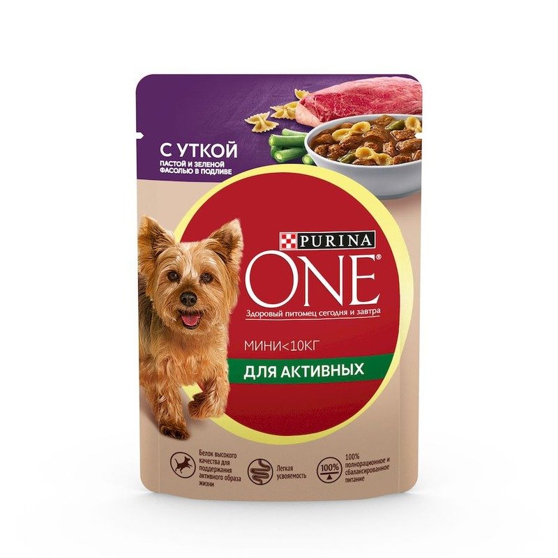 Purina ONE Мини для активных влажный корм для собак мелких и миниатюрных пород, с уткой, пастой и зеленой фасолью, кусочки в подливе, в паучах - 85 г