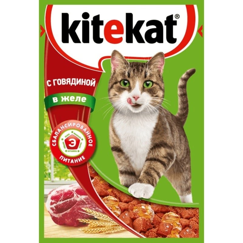 Kitekat полнорационный влажный корм для кошек, с говядиной, кусочки в желе, в паучах - 85 г