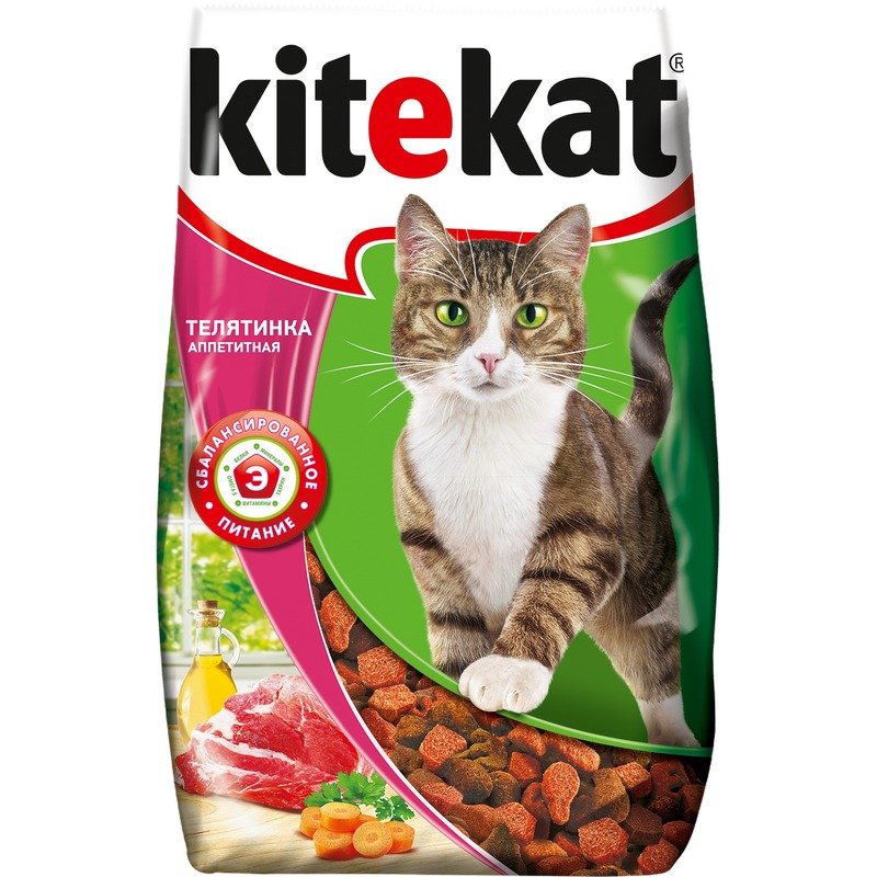 Kitekat полнорационный сухой корм для кошек, с аппетитной телятинкой - 800 г