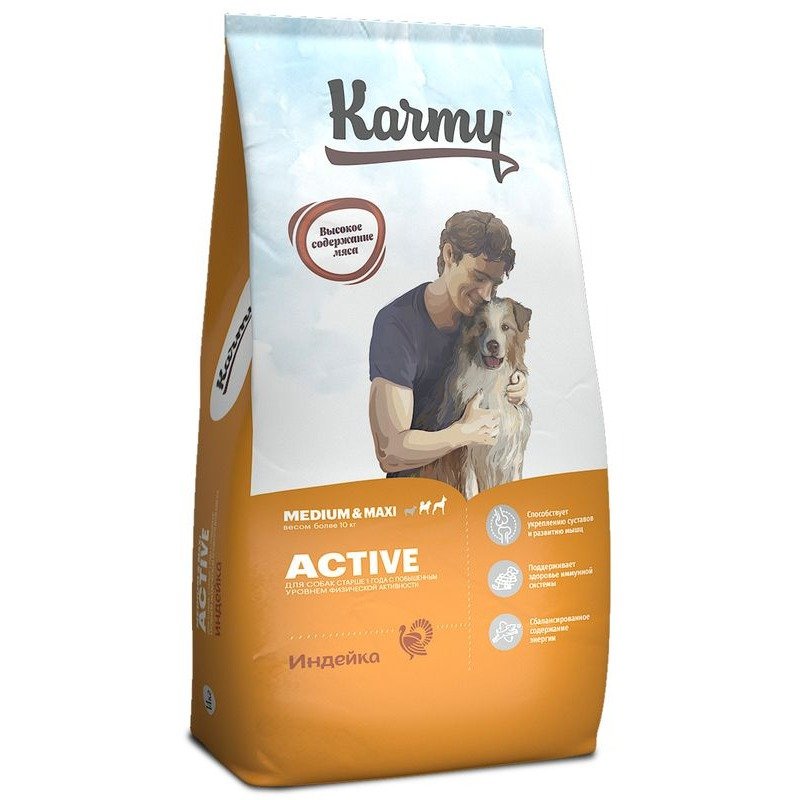 Karmy Active Medium & Maxi сухой корм для взрослых собак средних и крупных пород, подверженных повышенным физическим нагрузкам, с индейкой - 14 кг