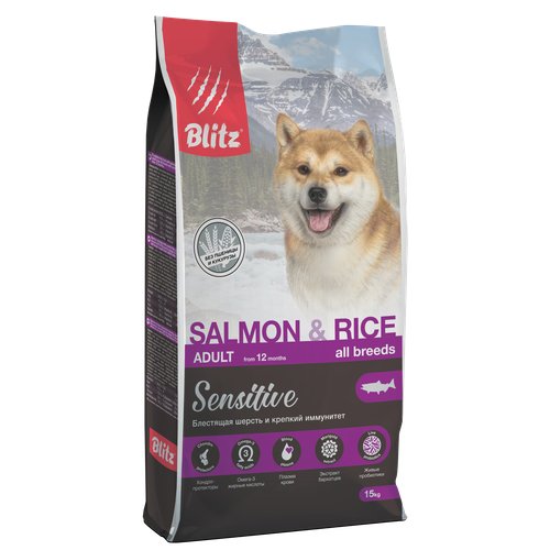 Сухой корм BLITZ ADULT SALMON & RICE / для взрослых собак лосось С рисом/ 15кг