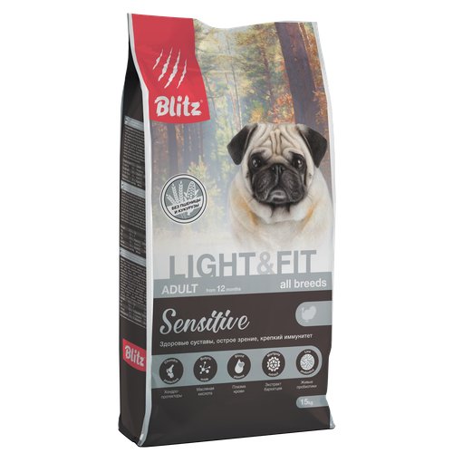 Сухой корм BLITZ Sensitive ADULT LIGHT & FIT корм для взрослых собак с лишним весом с индейкой/ 15 кг