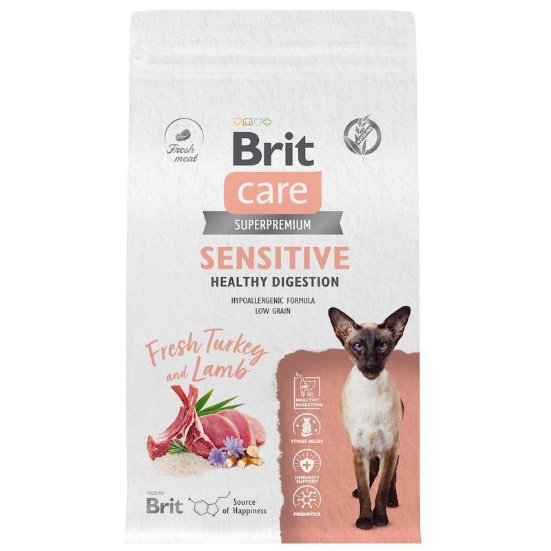 Brit Care Cat Sensitive Healthy Digestion сухой корм для взрослых кошек с чувствительным пищеварением, с индейкой и ягненком - 1,5 кг