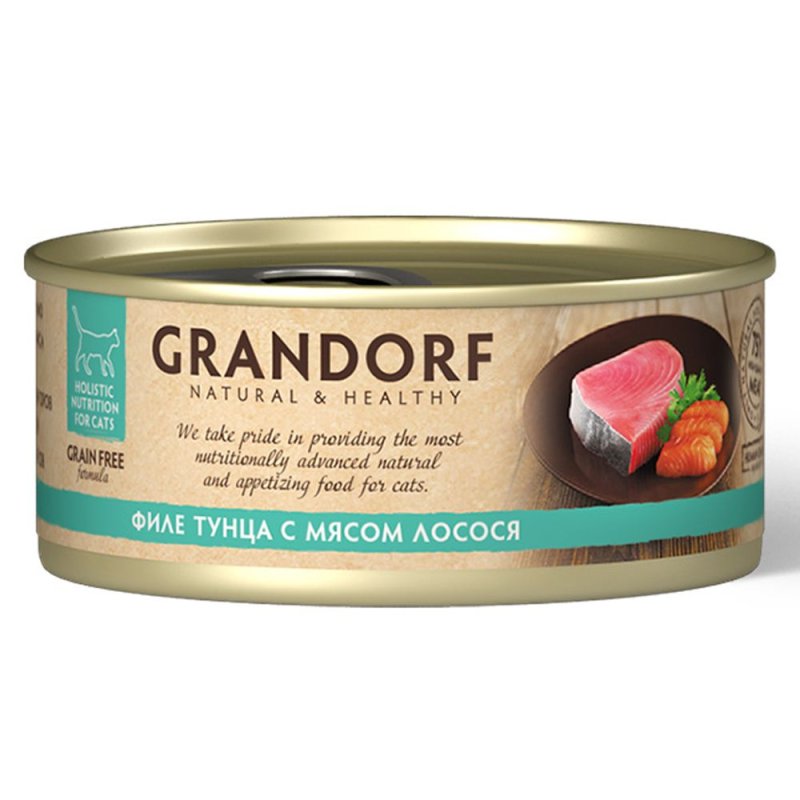 Корм для кошек GRANDORF Филе тунца с мясом лосося конс. 70г