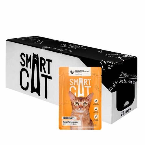 SmartCat Упаковка 25 шт. Паучи для взрослых кошек и котят кусочки курочки с морковью в нежном соусе, 2.125 кг