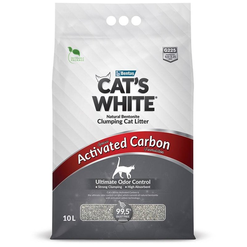 Наполнитель для кошачьего туалета CAT'S WHITE Activated Carbon комкующийся с активированным углем 10л