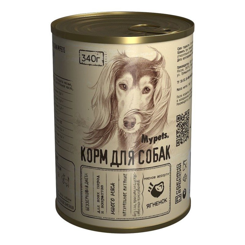 Mypets влажный корм для взрослых собак, мясное ассорти с ягненком, в консервах - 340 г х 12 шт (1 шт)