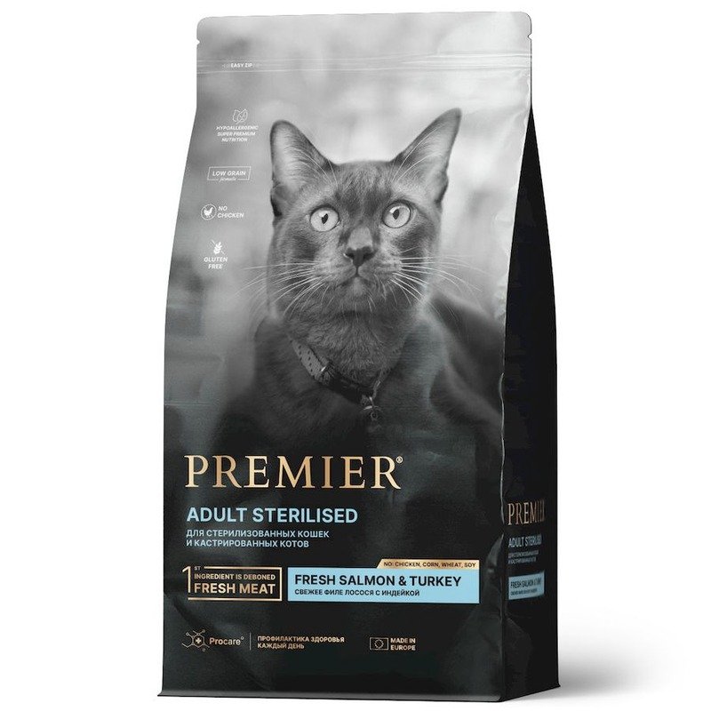 Premier Cat Salmon & Turkey Sterilised сухой корм для взрослых стерилизованных кошек, свежее филе лосося с индейкой - 400 г