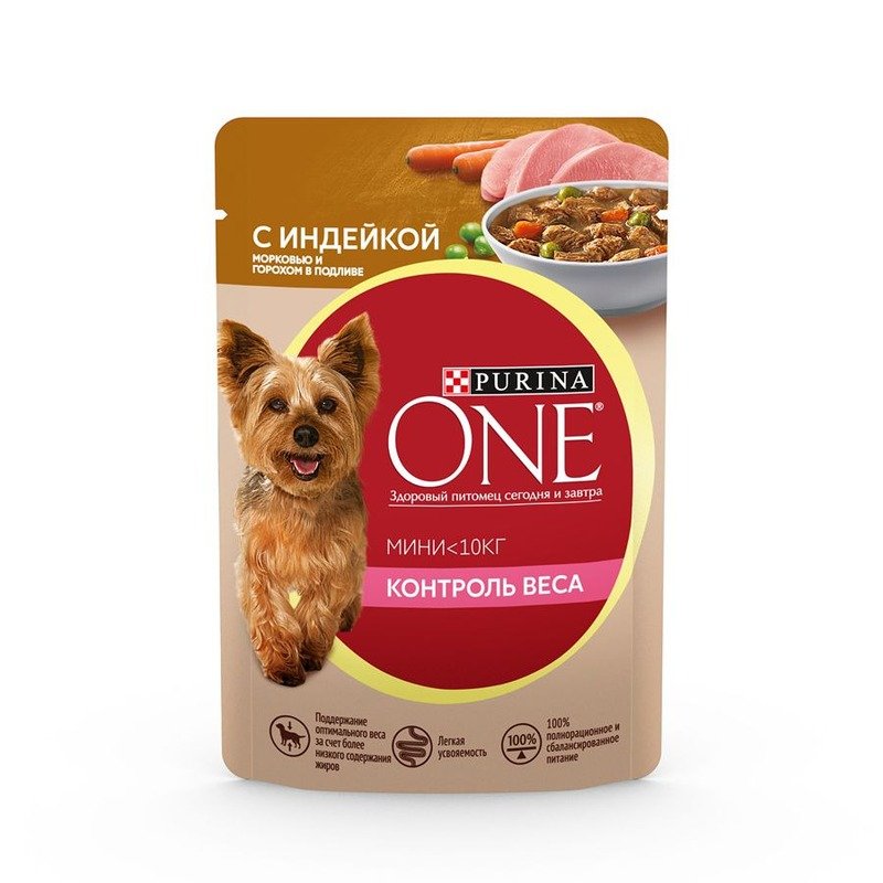 Purina One Mini Контроль веса для собак мелких пород, склонных к набору веса, с индейкой, морковью и горохом в подливе, в паучах - 85 г