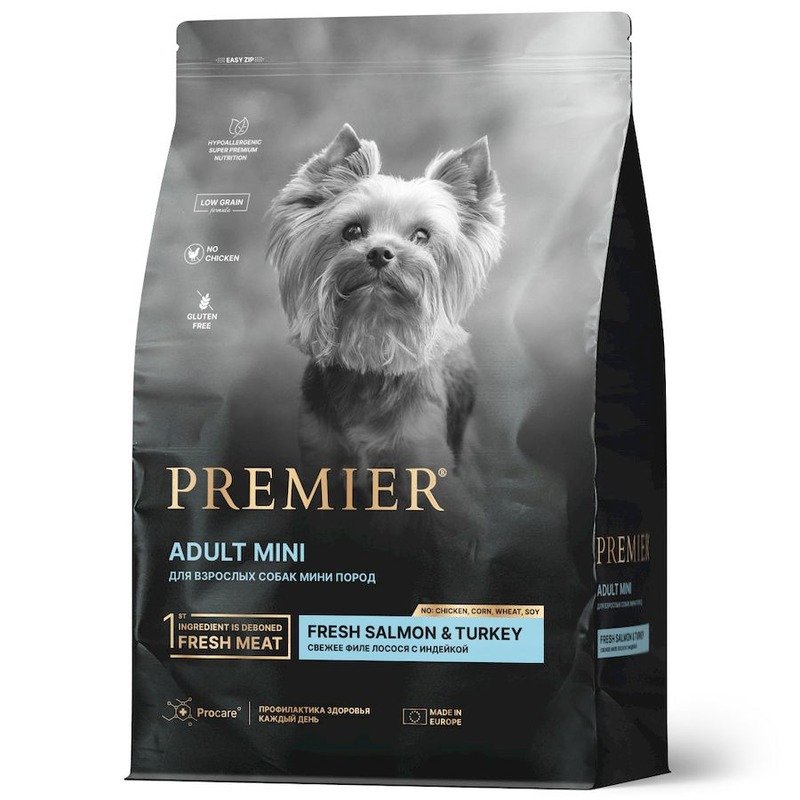 Premier Dog Salmon & Turkey Adult Mini сухой корм для собак мелких пород, свежее филе лосося с индейкой - 3 кг