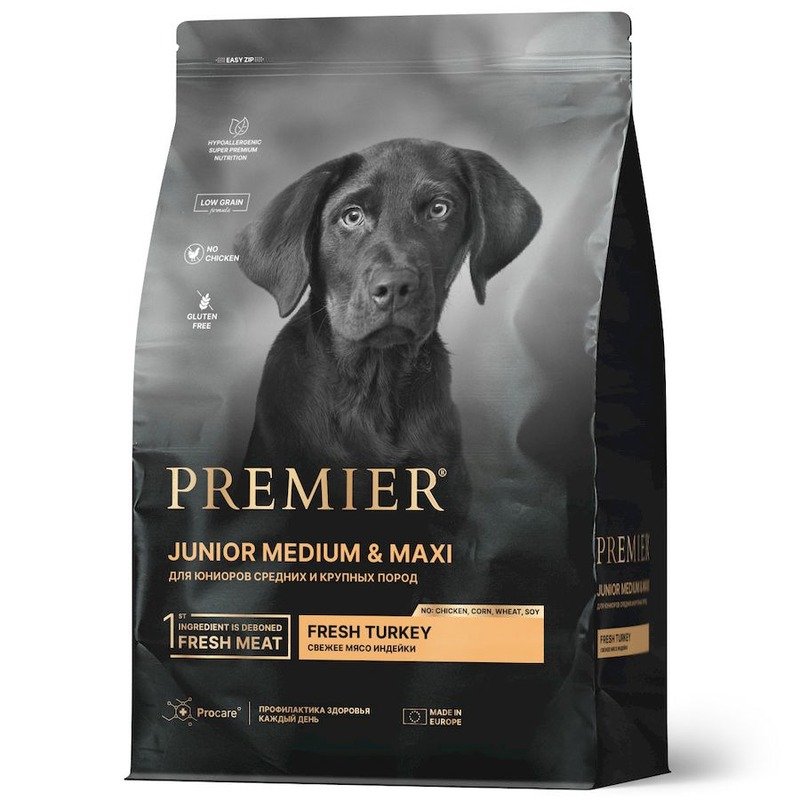 Premier Dog Turkey Junior Medium & Maxi сухой корм для юниоров средних и крупных пород, свежее мясо индейки - 1 кг