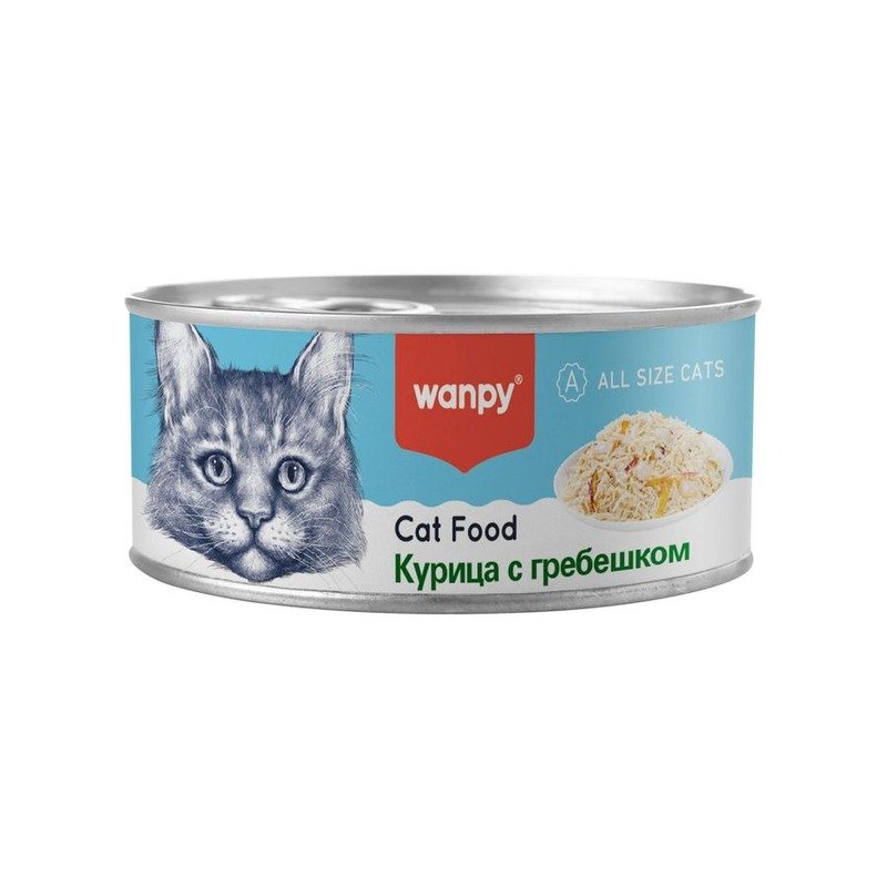 Wanpy Cat влажный корм для кошек, с курицей и гребешком, в консервах - 95 г