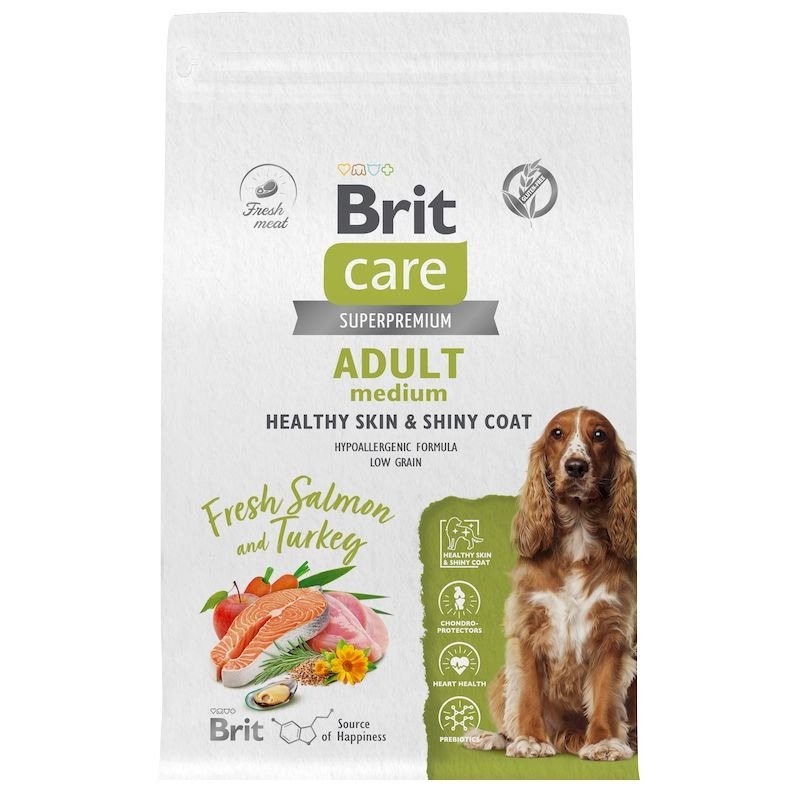 Brit Care Dog Adult M Healthy Skin&Shiny Coat сухой корм для взрослых собак средних пород для кожи и шерсти, с лососем и индейкой - 3 кг