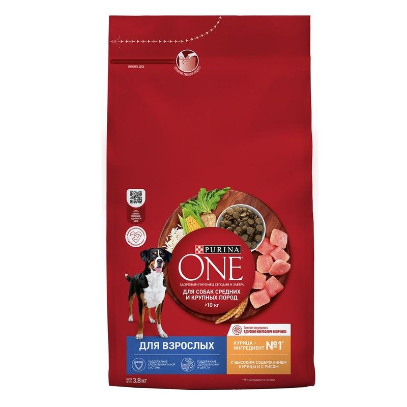 Purina ONE Adult сухой корм для собак средних и крупных пород, с курицей и рисом - 3,8 кг