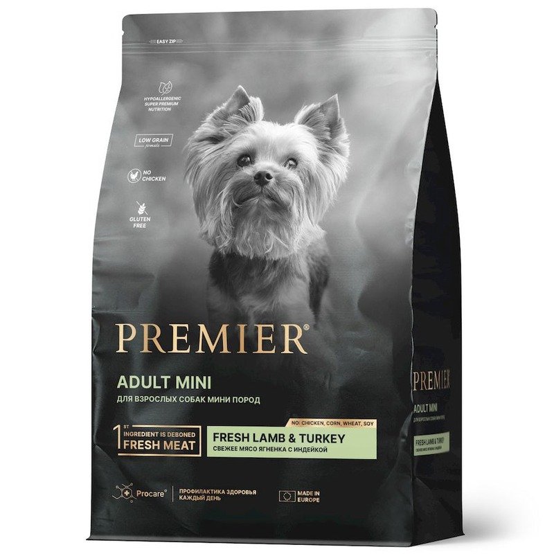 Premier Dog Lamb & Turkey Adult Mini сухой корм для собак мелких пород, свежее мясо ягненка с индейкой - 3 кг