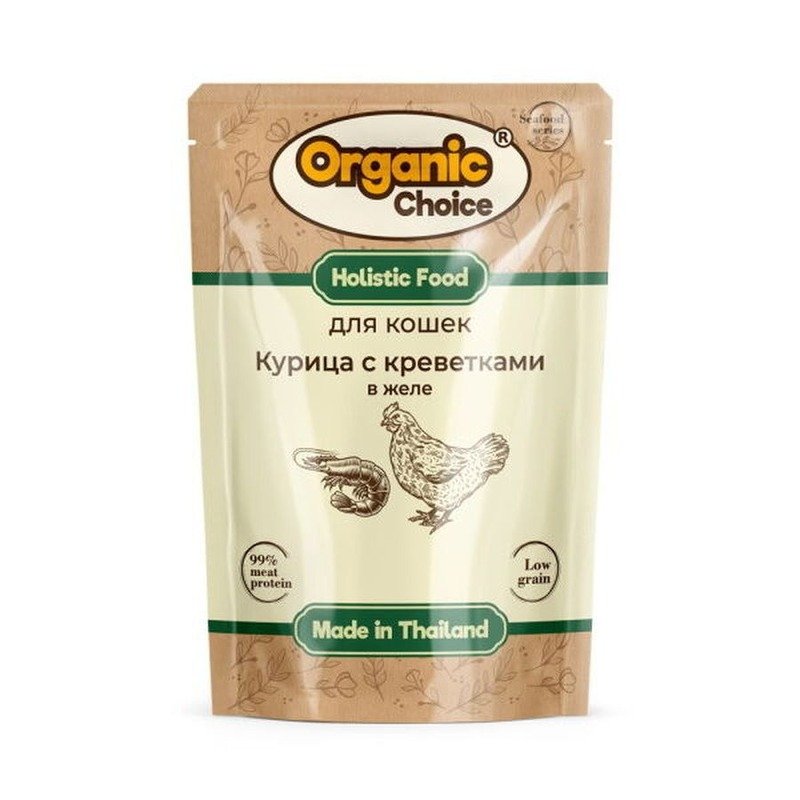 Organic Сhoice Low Grain влажный корм для кошек, с курицей и креветками, в желе, в паучах - 70 г