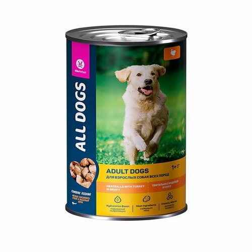Влажный корм для собак, тефтельки с индейкой в соусе, банка,415 г
