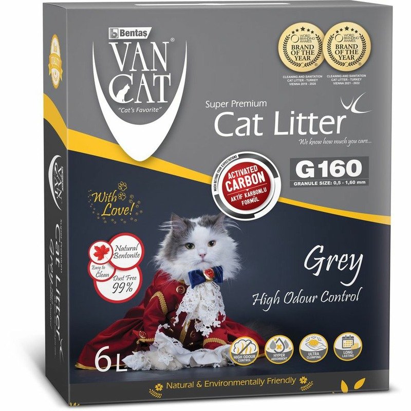 Van Cat Grey наполнитель для кошек, 100% натуральный, комкующийся, без пыли, с активированным углем - 6 л, 5,1 кг