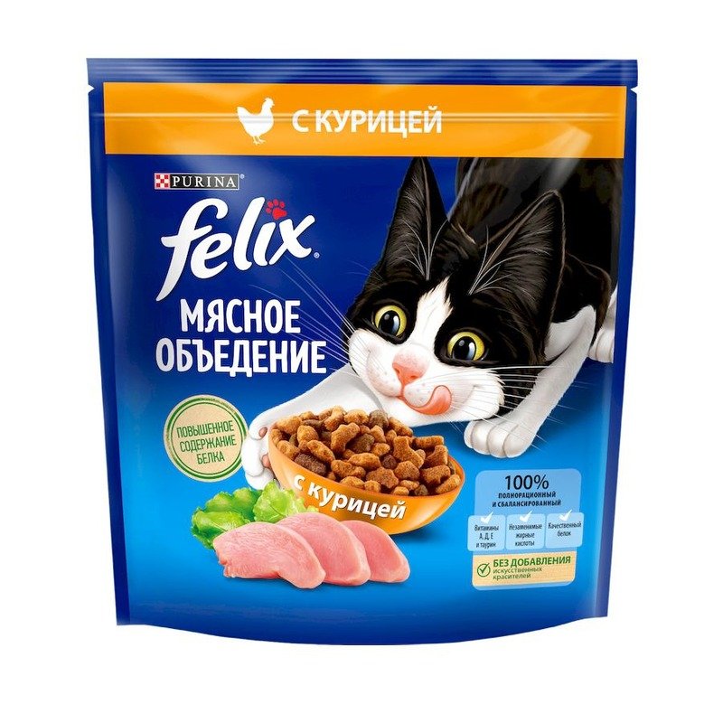 Felix Мясное объедение полнорационный сухой корм для кошек, с курицей - 600 г