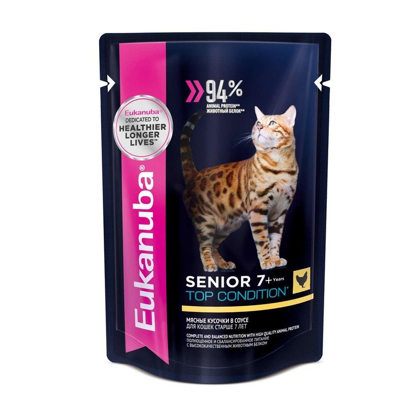 Eukanuba Senior 7+ Top Condition полнорационный влажный корм для пожилых кошек старше 7 лет, с курицей, кусочки в соусе, в паучах - 85 г