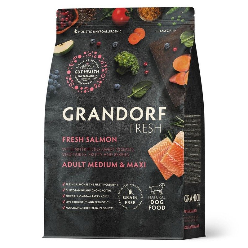 Сухой корм GRANDORF FRESH GRAIN FREE DOG ADULT MEDIUM & MAXI SALMON & SWEET POTATO беззерновой для взрослых собак средних и крупных пород с лососем и бататом - 10 кг