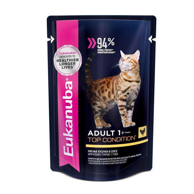 Eukanuba Adult Top Condition полнорационный влажный корм для кошек, с курицей, кусочки в соусе, в паучах - 85 г