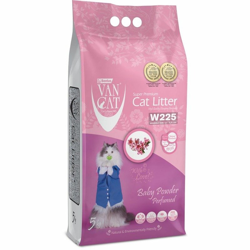 Van Cat Baby Powder наполнитель для кошек, 100% натуральный, комкующийся, без пыли, с ароматом детской присыпки - 5 кг