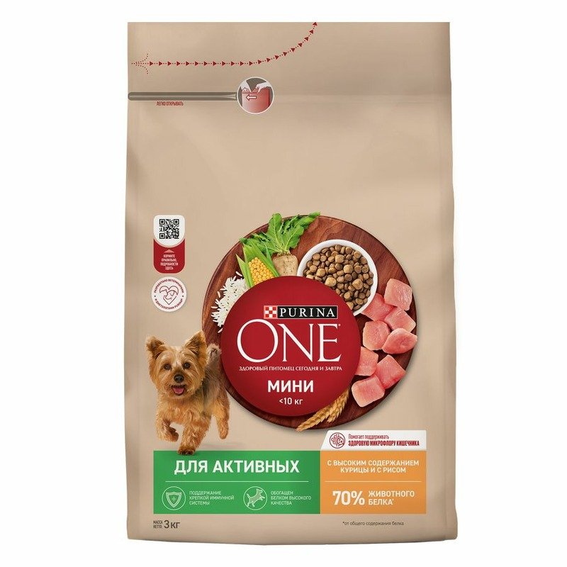 Purina One Мини сухой корм для активных взрослых собак мелких пород, с высоким содержанием курицы и рисом - 3 кг