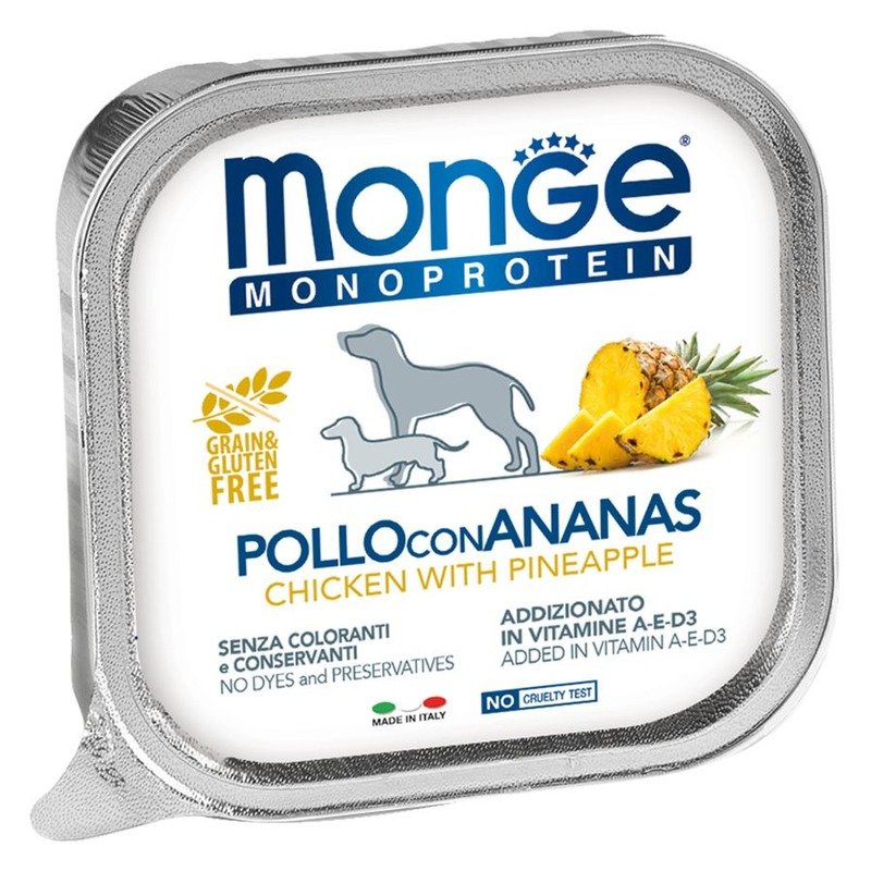 Monge Dog Monoprotein Fruits полнорационный влажный корм для собакдля собак, беззерновой, паштет с курицей и ананасом, в ламистерах - 150 г