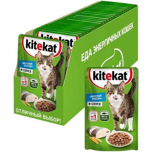 Корм влажный Kitekat полнорационный для взрослых кошек со вкусом рыбы в соусе «Вкусная треска», 28шт х 85г