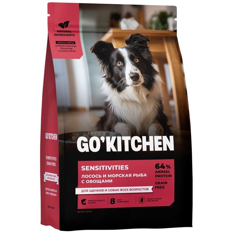 Go Kitchen сухой корм для щенков и собак всех возрастов, беззерновой, с лососем и морской рыбой сухой корм для чувствительного пищеварения - 1,59 кг