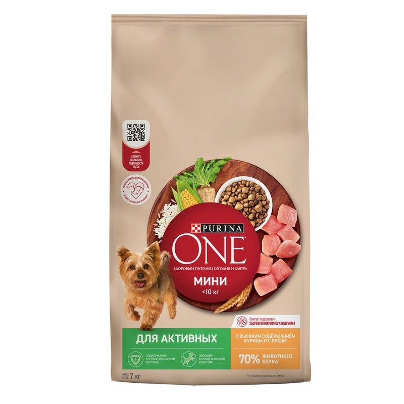 Purina One Мини сухой корм для активных взрослых собак мелких пород, с высоким содержанием курицы и рисом - 7 кг