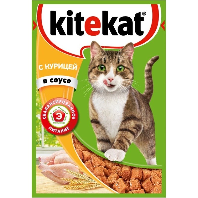 Kitekat полнорационный влажный корм для кошек, с курицей, кусочки в соусе, в паучах - 85 г