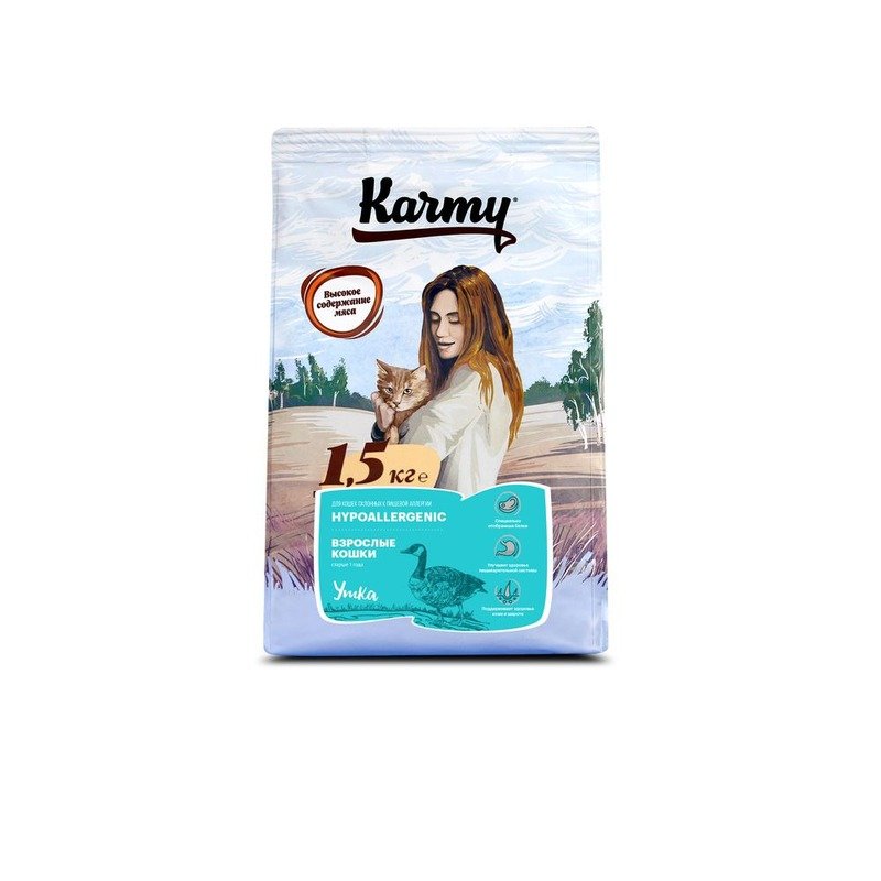 Karmy Hypoallergenic полнорационный сухой корм для кошек при пищевой аллергии, c уткой - 1,5 кг